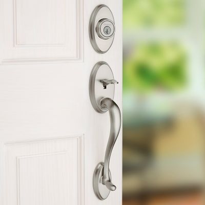 Kwikset Shelburne Antique Brass Single Cylinder Door Handleset with Juno Door Knob Featuring SmartKey Security