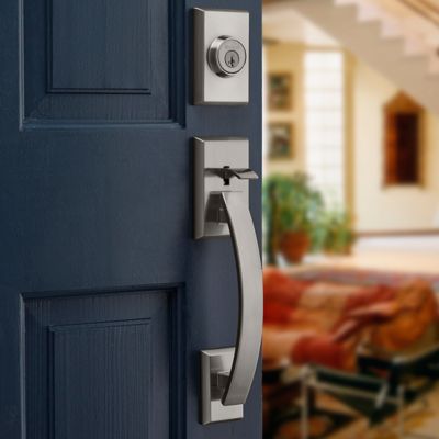 Kwikset Tavaris Satin Nickel Single Cylinder Door Handleset with Vedani Lever Featuring SmartKey Security