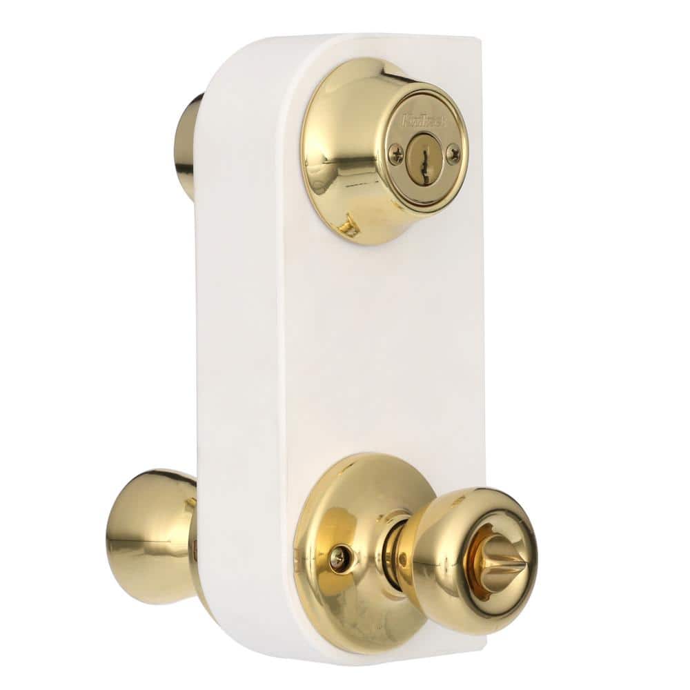 Kwikset Tylo Polished Brass Entry Door Knob & Double Cylinder Deadbolt Combo Pack with Microban Antimicrobial Technology