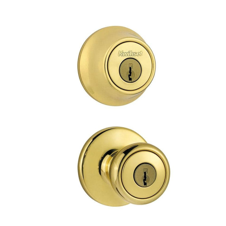 Kwikset Tylo Polished Brass Entry Door Knob & Double Cylinder Deadbolt Combo Pack with Microban Antimicrobial Technology