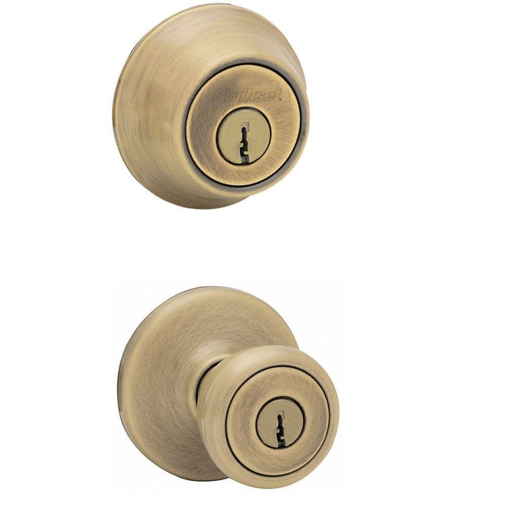 Kwikset Tylo Antique Brass Entry Door Knob and Single Cylinder Deadbolt Combo Pack with Microban Antimicrobial Technology