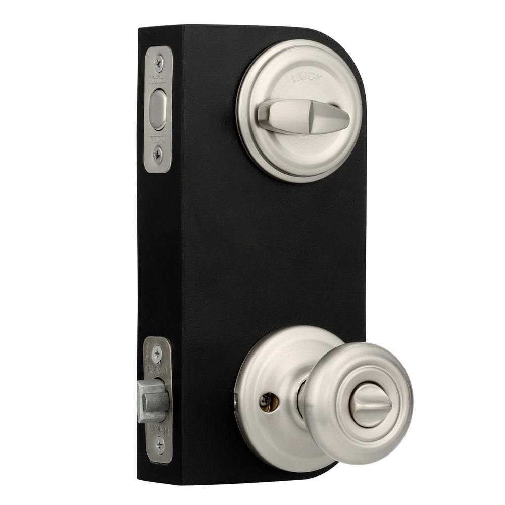 Kwikset Cameron Satin Nickel Exterior Entry Door Knob & Single Cylinder Deadbolt Combo Pack with SmartKey Security