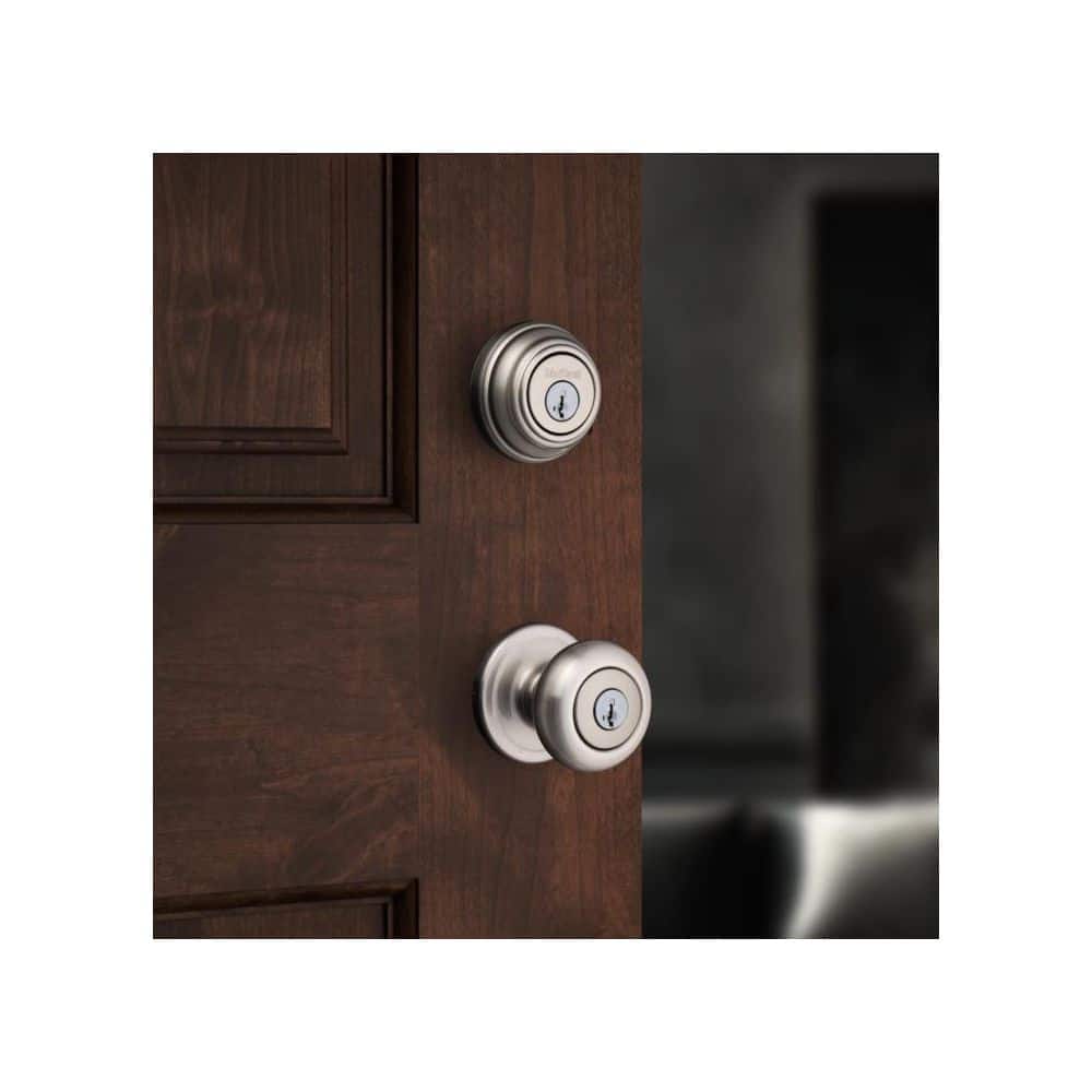 Kwikset Juno Satin Nickel Exterior Entry Door Knob and Single Cylinder Deadbolt Combo Pack with SmartKey Security