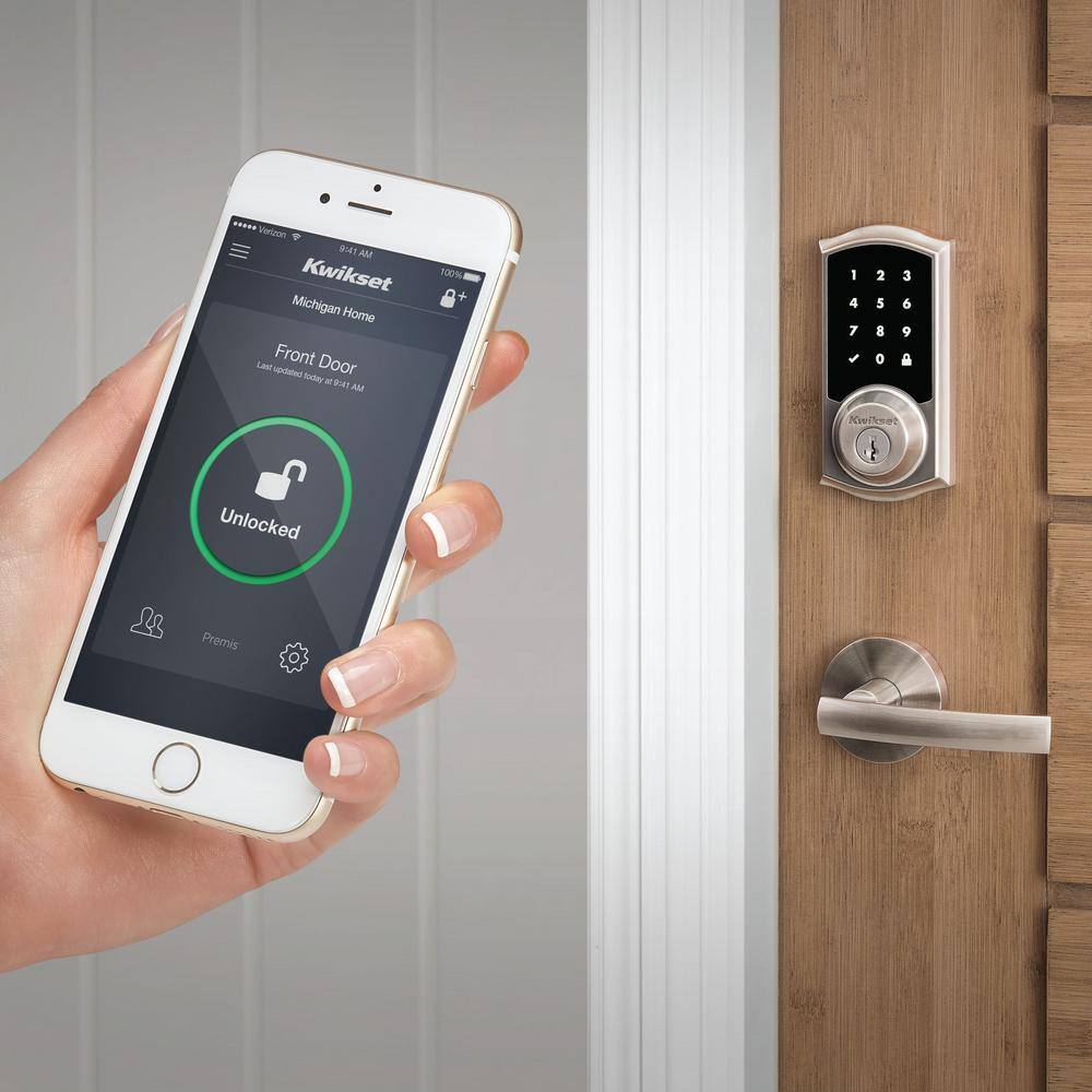 Kwikset Premis Touchscreen Smart Lock, Single Cylinder Electronic Deadbolt, Satin Nickel, with Avalon Handleset and Tustin Lever