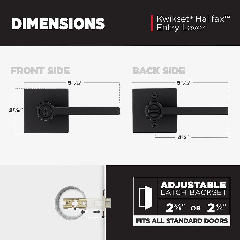 Kwikset Halifax Matte Black Keyed Entry Lever, ANSI/BHMA Grade 3, 2-3/4 in Backset