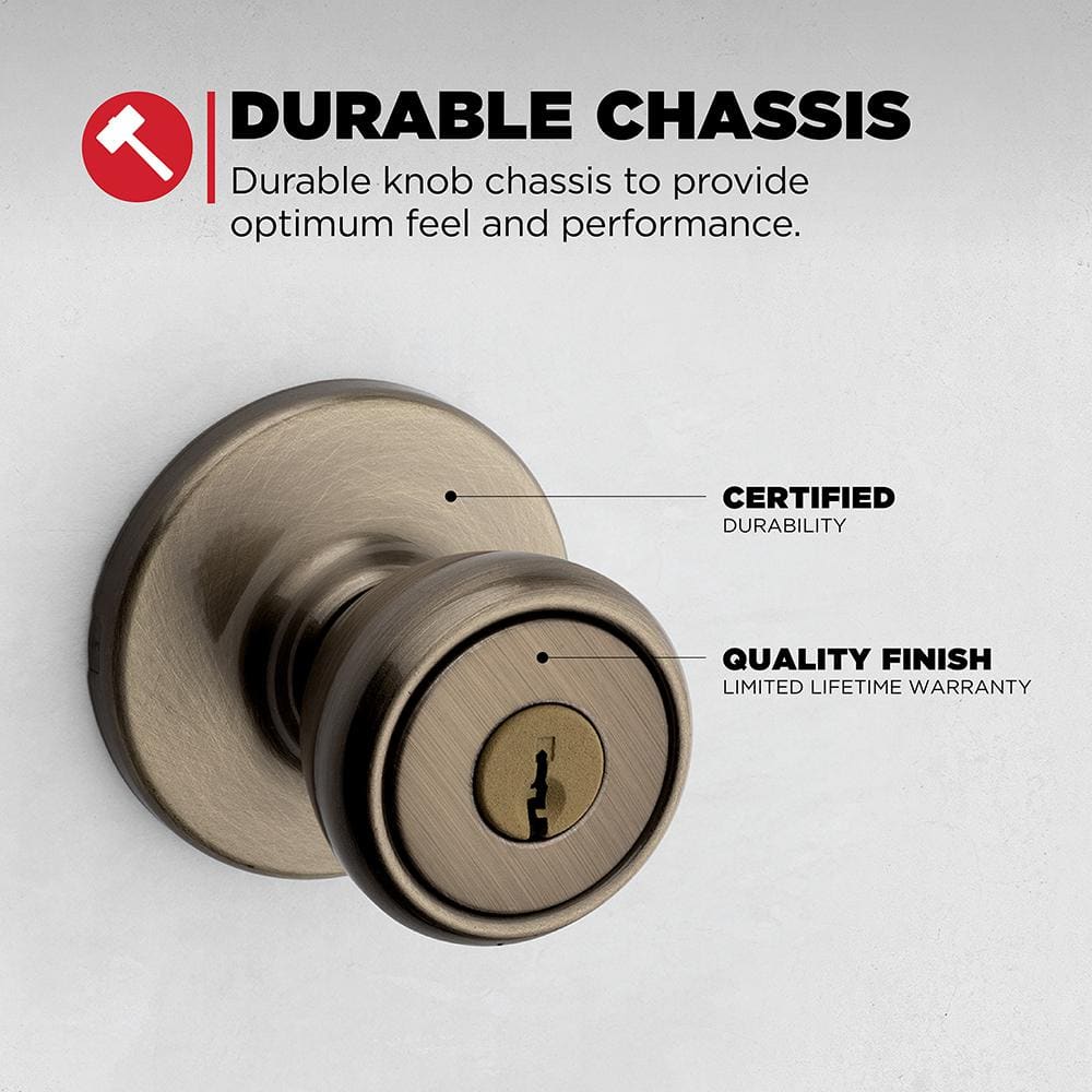 Kwikset Tylo Antique Brass Keyed Entry Door Knob with Microban Antimicrobial Technology