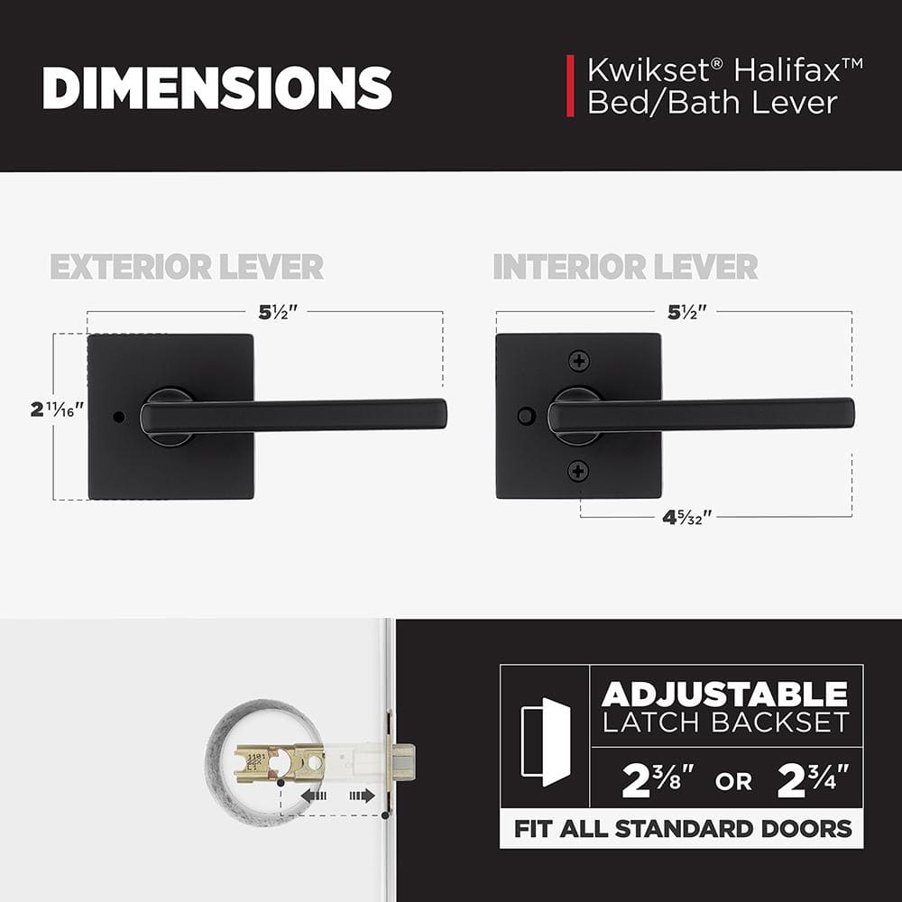 Kwikset Halifax Square Matte Black Bed/Bath Door Lever with Lock (4-Pack)