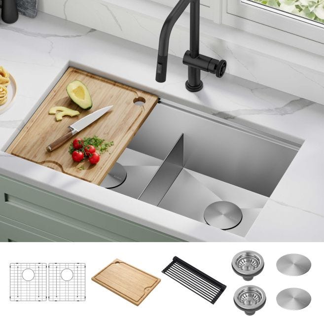 KRAUS Kore Workstation 33 in. Stainless Steel Undermount Double Bowl Kitchen Sink with Integrated Ledge & Accessories