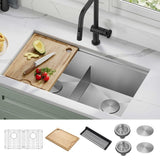 KRAUS Kore Workstation 33 in. Stainless Steel Undermount Double Bowl Kitchen Sink with Integrated Ledge & Accessories