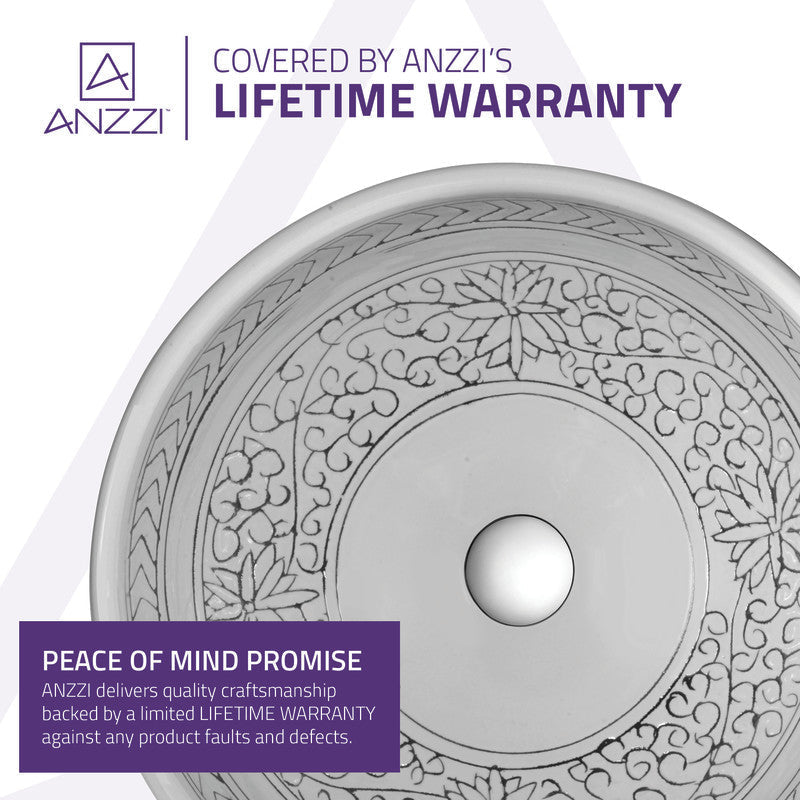 ANZZI Cadence Series 16.1 in. Round Bathroom Vessel Sink, Décor White, Tempered Deco-Glass