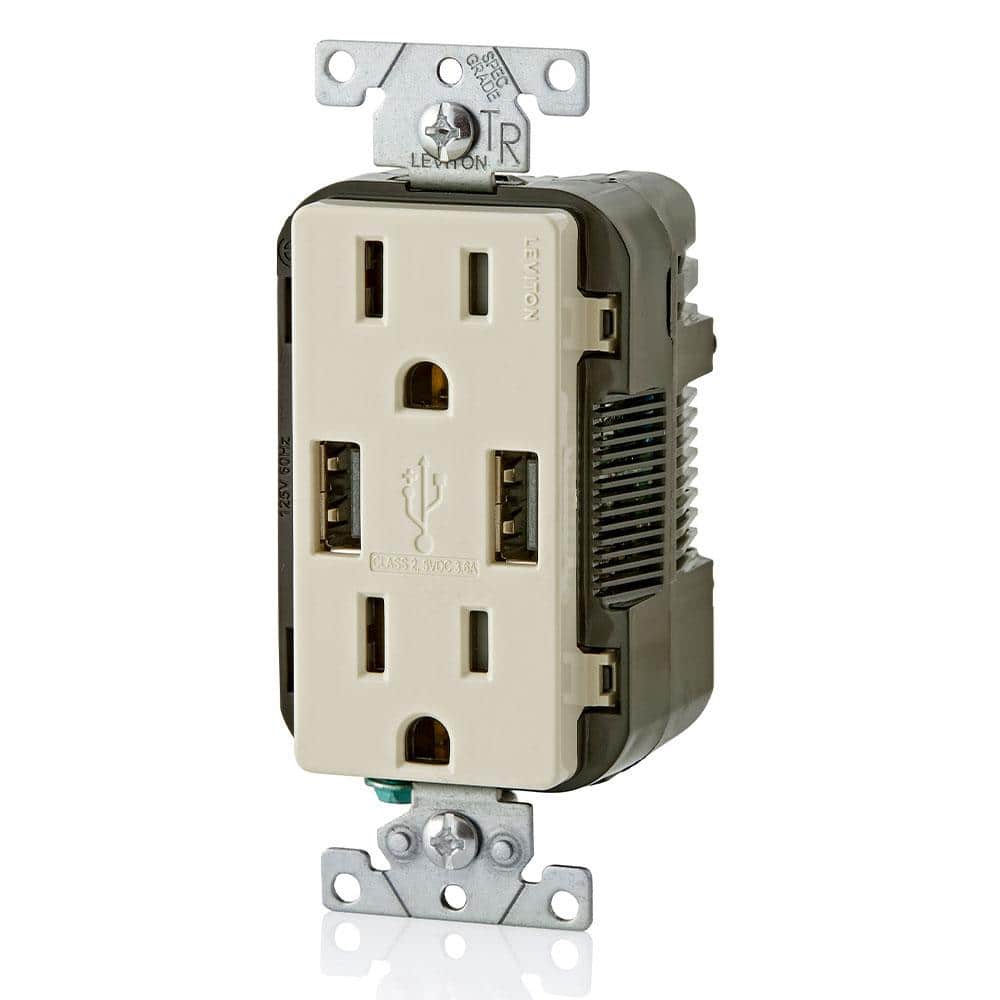 Leviton 3.6A USB Dual Type A In‑Wall Charger with 15 Amp Tamper‑Resistant Outlets, Light Almond