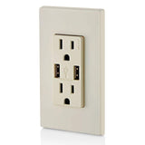 Leviton 3.6A USB Dual Type A In‑Wall Charger with 15 Amp Tamper‑Resistant Outlets, Light Almond