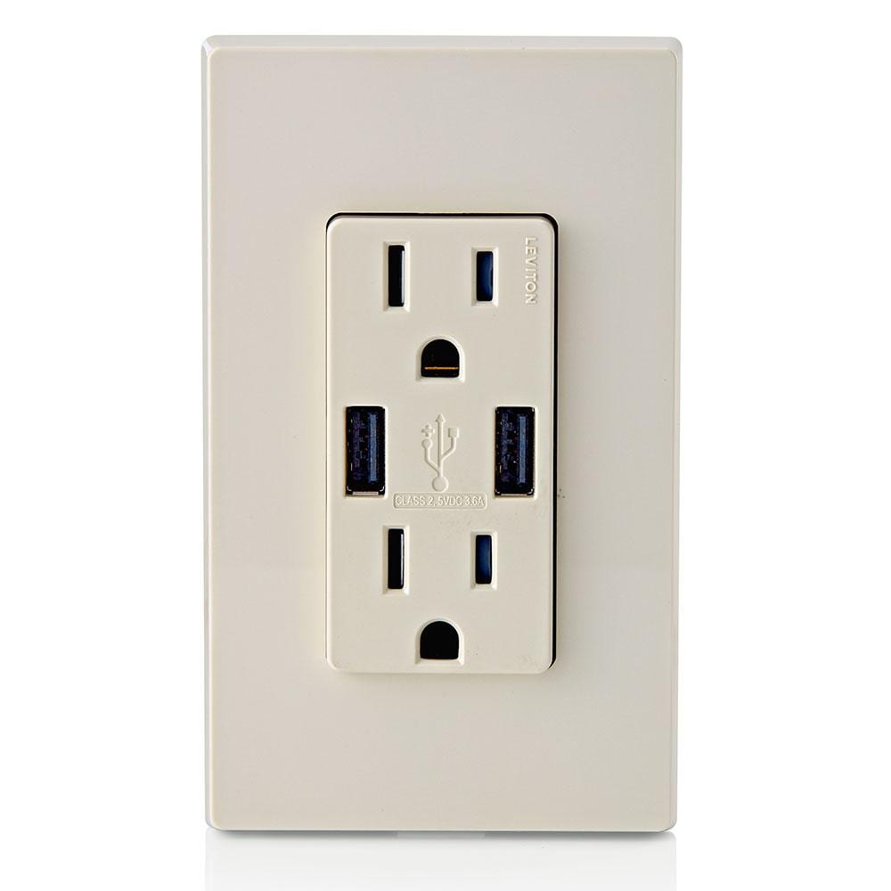 Leviton 3.6A USB Dual Type A In‑Wall Charger with 15 Amp Tamper‑Resistant Outlets, Light Almond