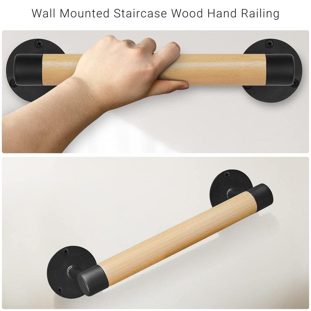 Angel Sar 1 ft. Wood Modern Stair Hand Railing, Banister Railing with Black Sturdy Metal Brackets for Elderly Kids