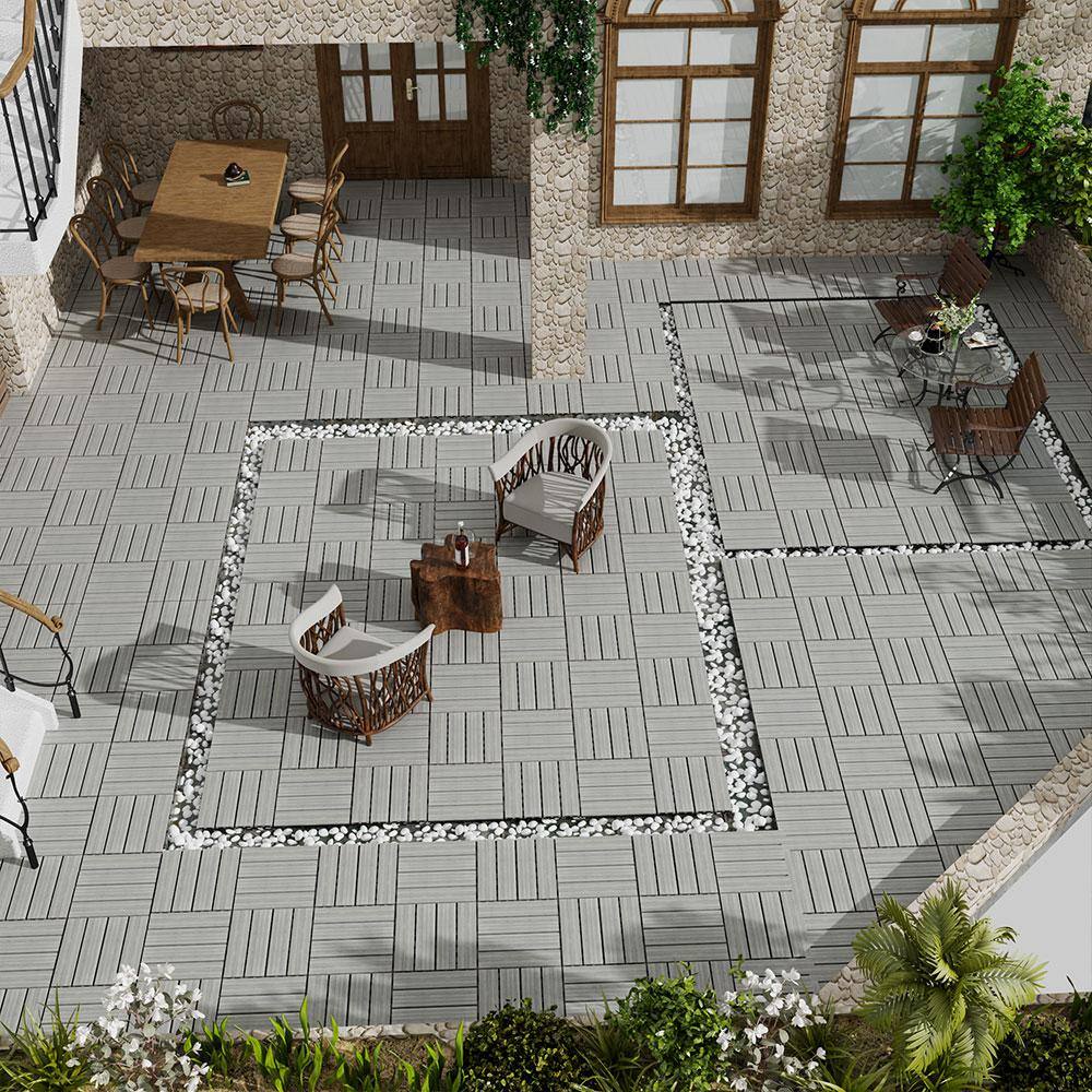 Afoxsos 1 ft. x 1 ft. Plastic Composite Interlocking Deck Tile Set, All-Weather Easy to DIY and Maintain, Light Grey (11-Pack)