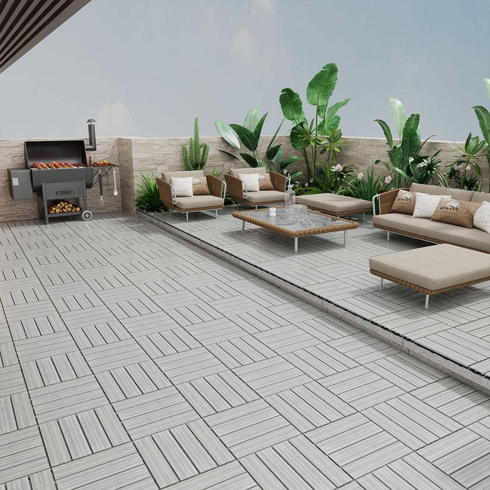 Afoxsos 1 ft. x 1 ft. Plastic Composite Interlocking Deck Tile Set, All-Weather Easy to DIY and Maintain, Light Grey (11-Pack)