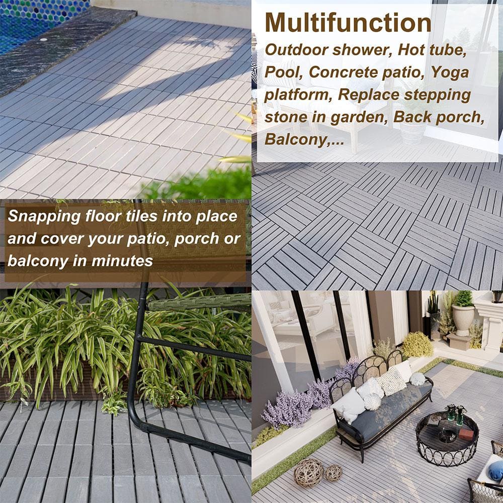 Afoxsos 1 ft. x 1 ft. Light Gray Wood Interlocking Deck Tiles Striped Pattern All-Weather for Patio, Balcony Pool Side (20 Pack)