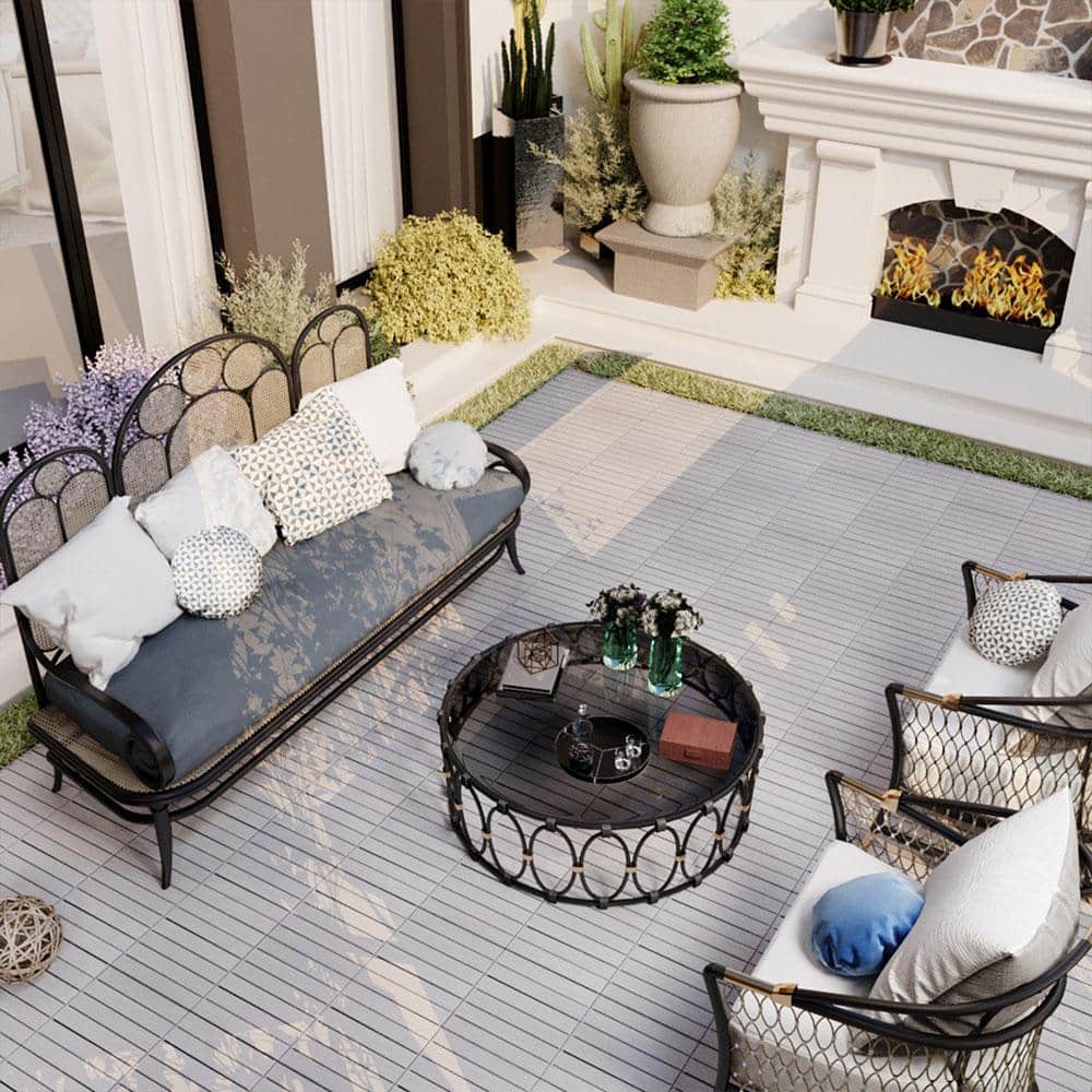 Afoxsos 1 ft. x 1 ft. Light Gray Wood Interlocking Deck Tiles Striped Pattern All-Weather for Patio, Balcony Pool Side (20 Pack)