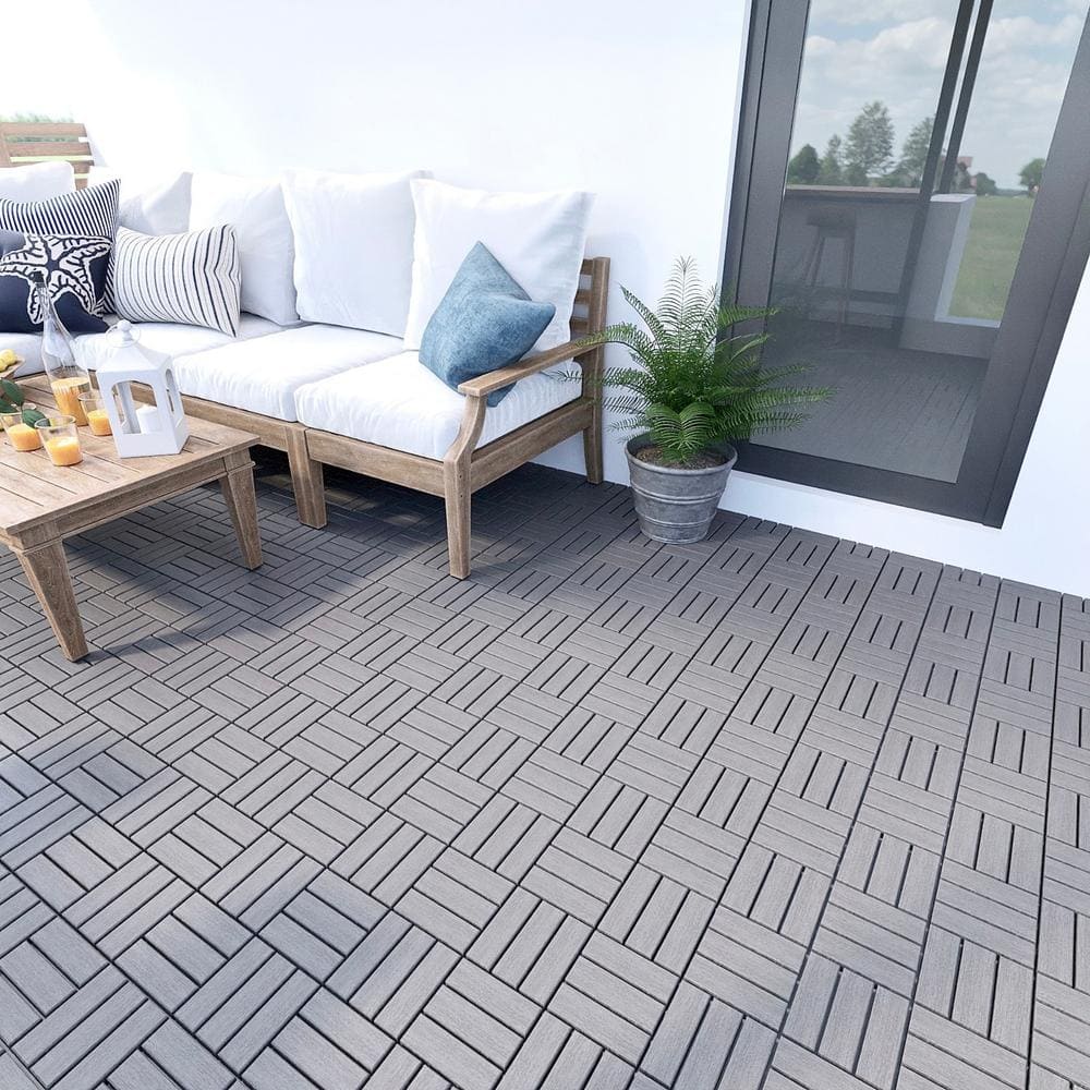 Amucolo 12 in. x 12 in. Checker Pattern Acacia Wood Interlocking Deck Tiles in Gray for Patio, Pool Side (Set of 20 Tiles)