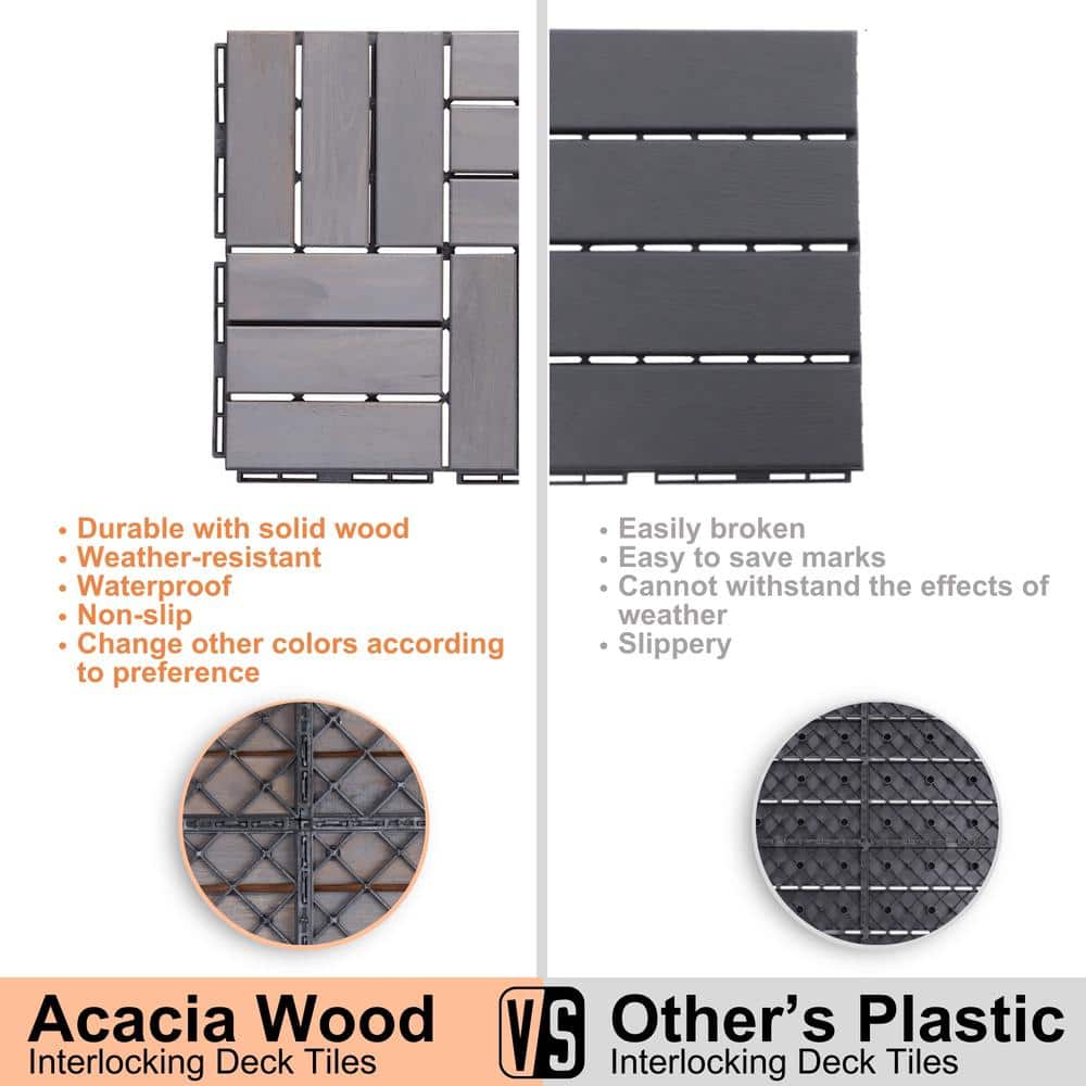Amucolo 12 in. x 12 in. Checker Pattern Acacia Wood Interlocking Deck Tiles in Gray for Patio, Pool Side (Set of 20 Tiles)