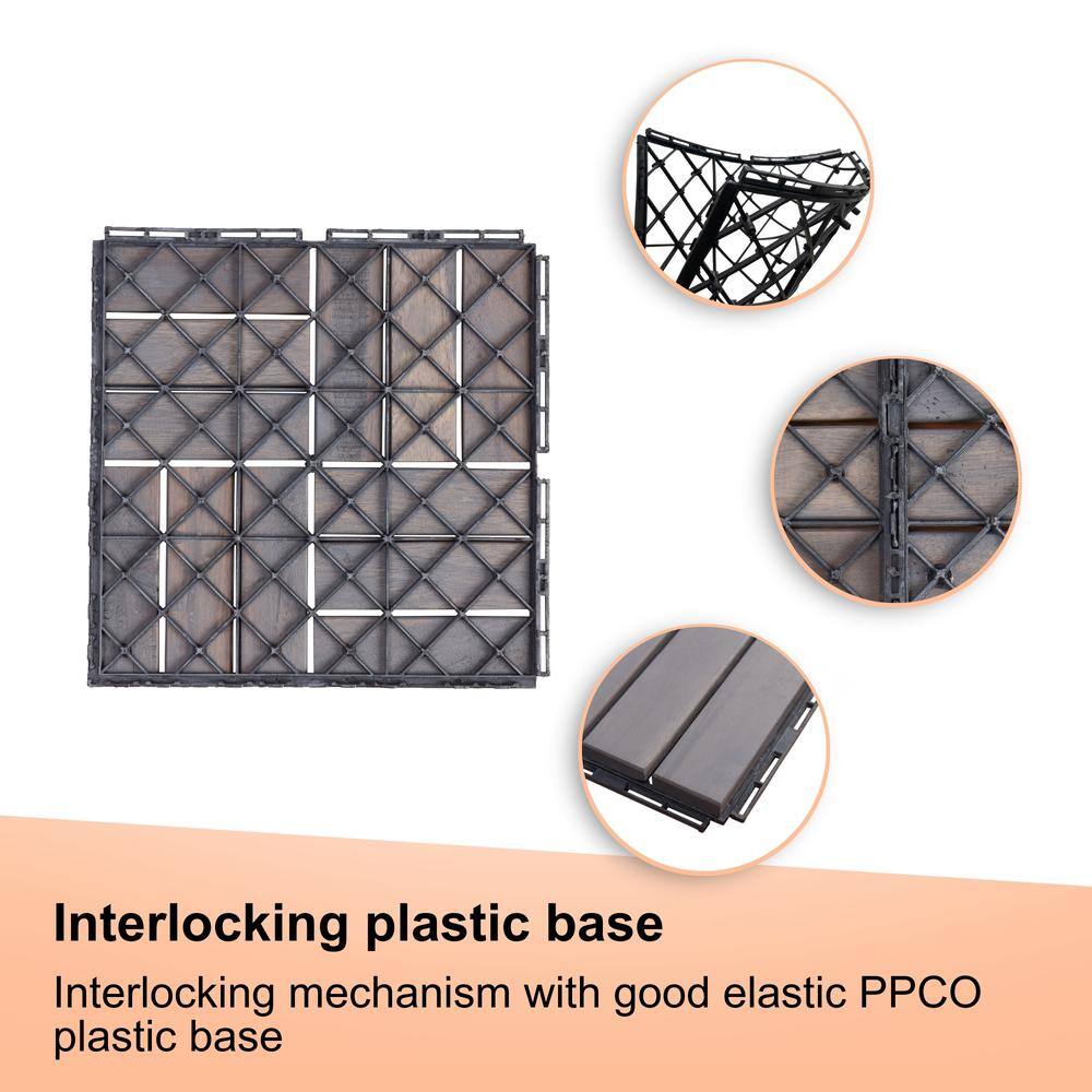 Amucolo 12 in. x 12 in. Checker Pattern Acacia Wood Interlocking Deck Tiles in Gray for Patio, Pool Side (Set of 30 Tiles)