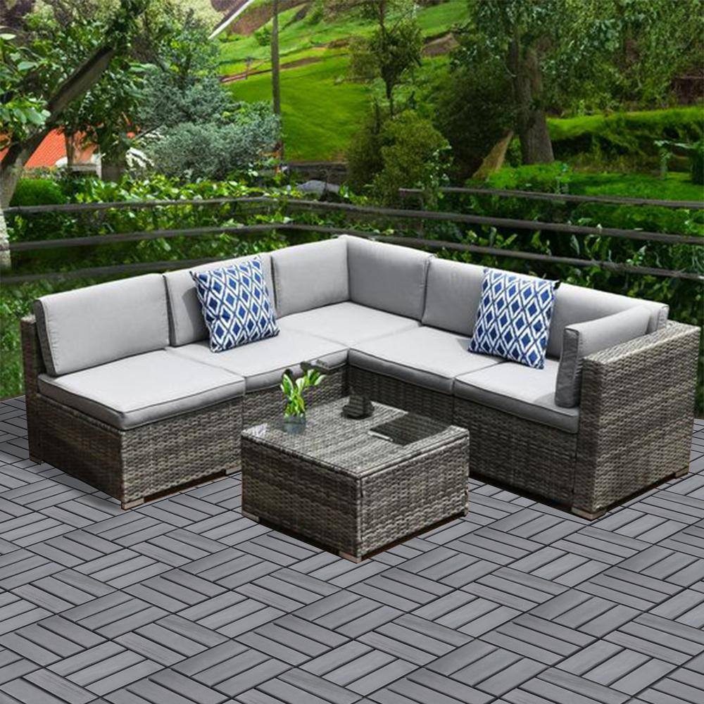 Amucolo 12 in. x 12 in. Checker Pattern Acacia Wood Interlocking Deck Tiles in Gray for Patio, Pool Side (Set of 30 Tiles)