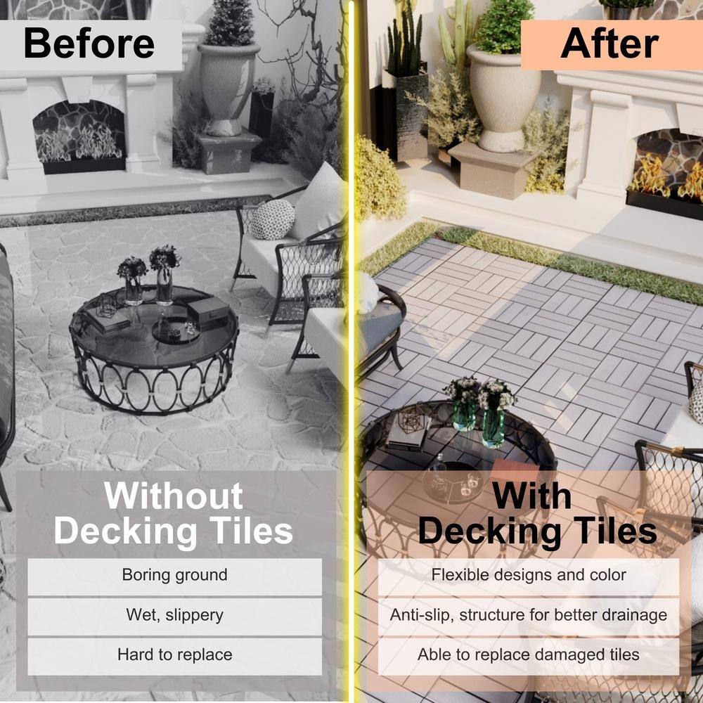 Amucolo 12 in. x 12 in. Checker Pattern Acacia Wood Interlocking Deck Tiles in Gray for Patio, Pool Side (Set of 30 Tiles)