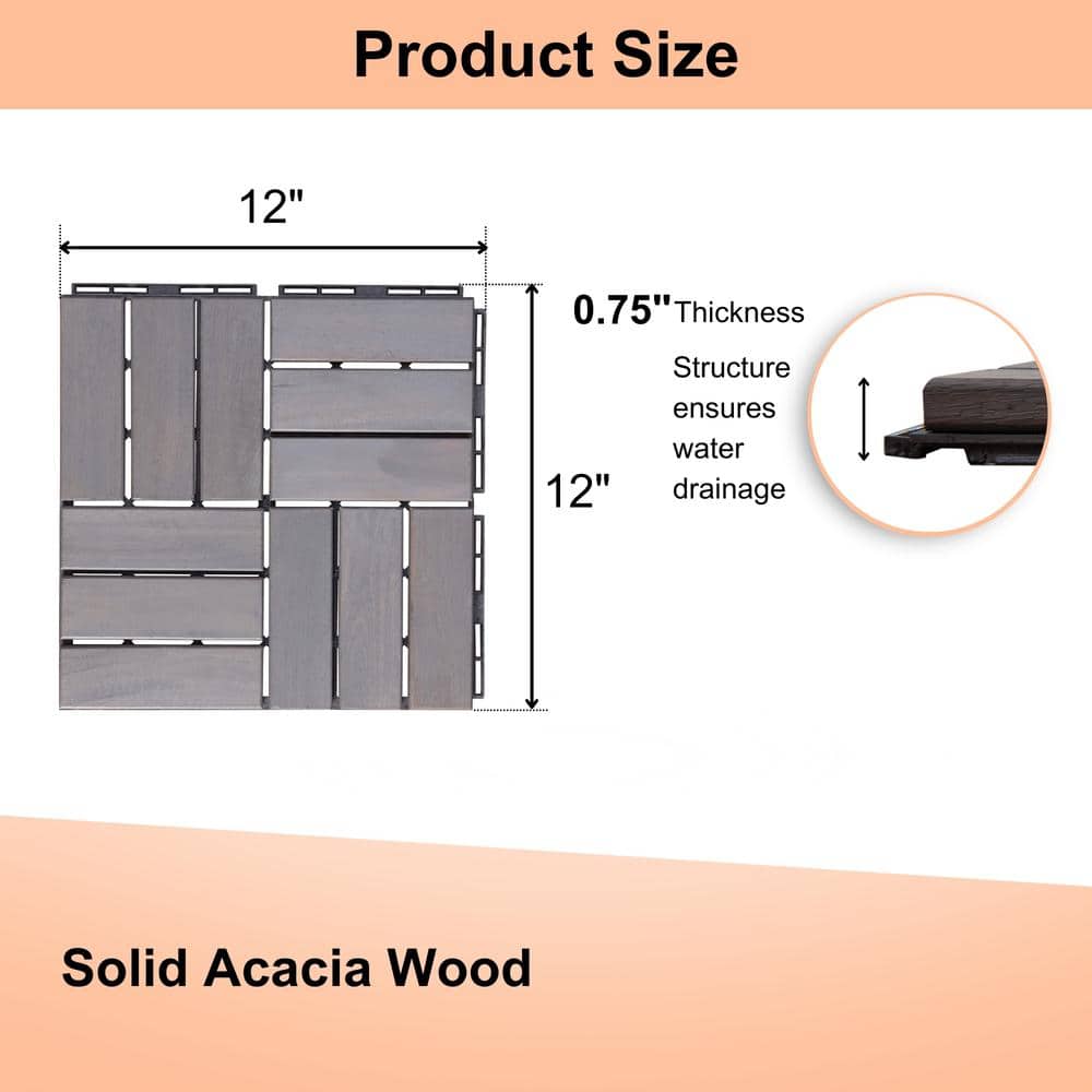Amucolo 12 in. x 12 in. Checker Pattern Acacia Wood Interlocking Deck Tiles in Gray for Patio, Pool Side (Set of 30 Tiles)