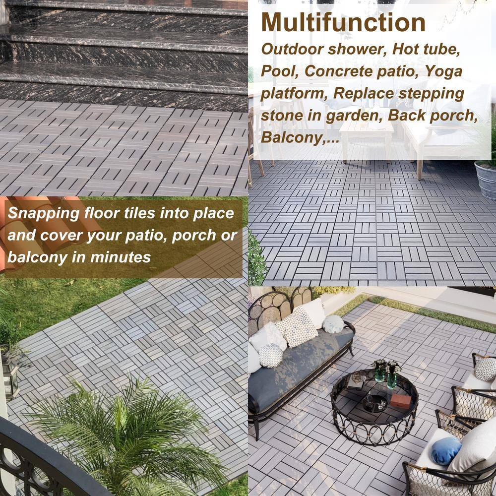 Amucolo 12 in. x 12 in. Checker Pattern Acacia Wood Interlocking Deck Tiles in Gray for Patio, Pool Side (Set of 30 Tiles)