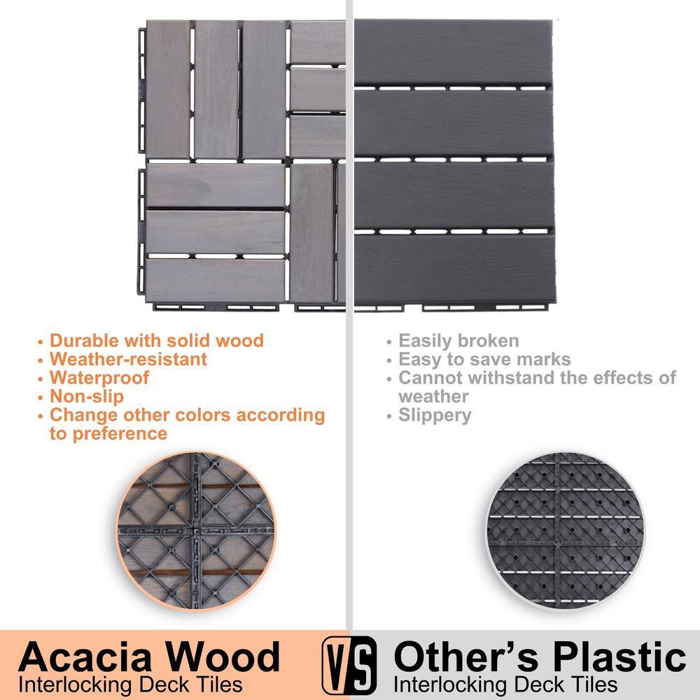 Amucolo 12 in. x 12 in. Checker Pattern Acacia Wood Interlocking Deck Tiles in Gray for Patio, Pool Side (Set of 30 Tiles)