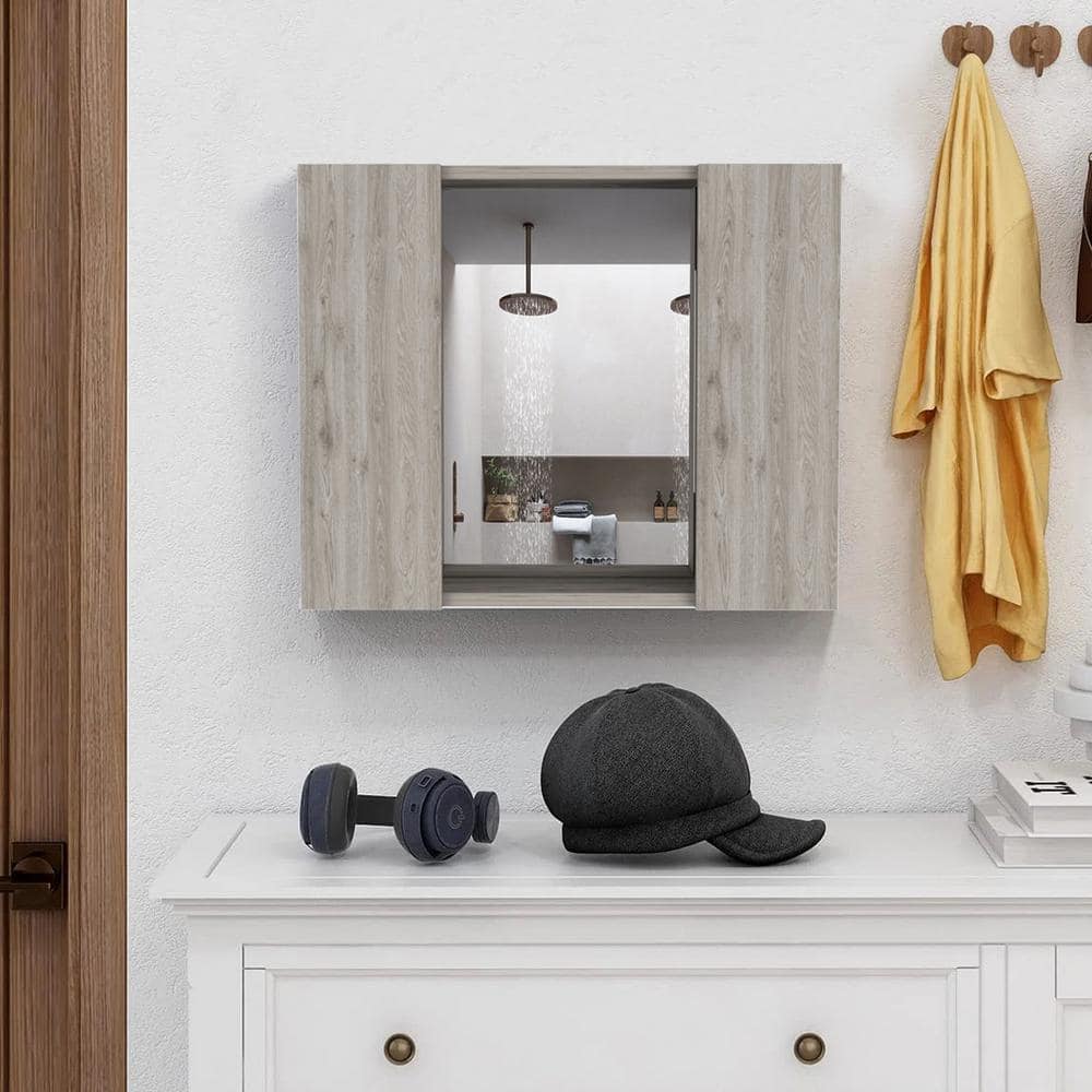 cadeninc 23.6 in. W x 19.5 in. H Bathroom Surface Mount Medicine Cabinet with Double Door, Mirror,1-Shelf in Light Gray