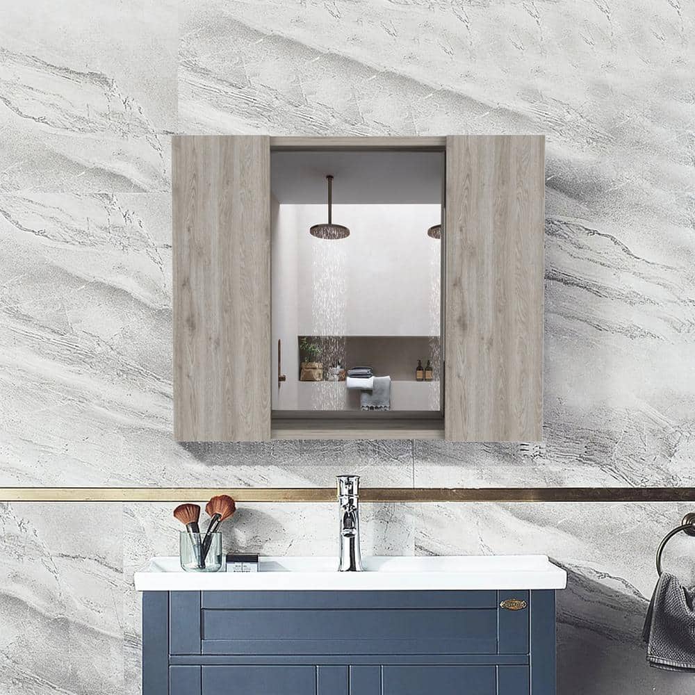 cadeninc 23.6 in. W x 19.5 in. H Bathroom Surface Mount Medicine Cabinet with Double Door, Mirror,1-Shelf in Light Gray