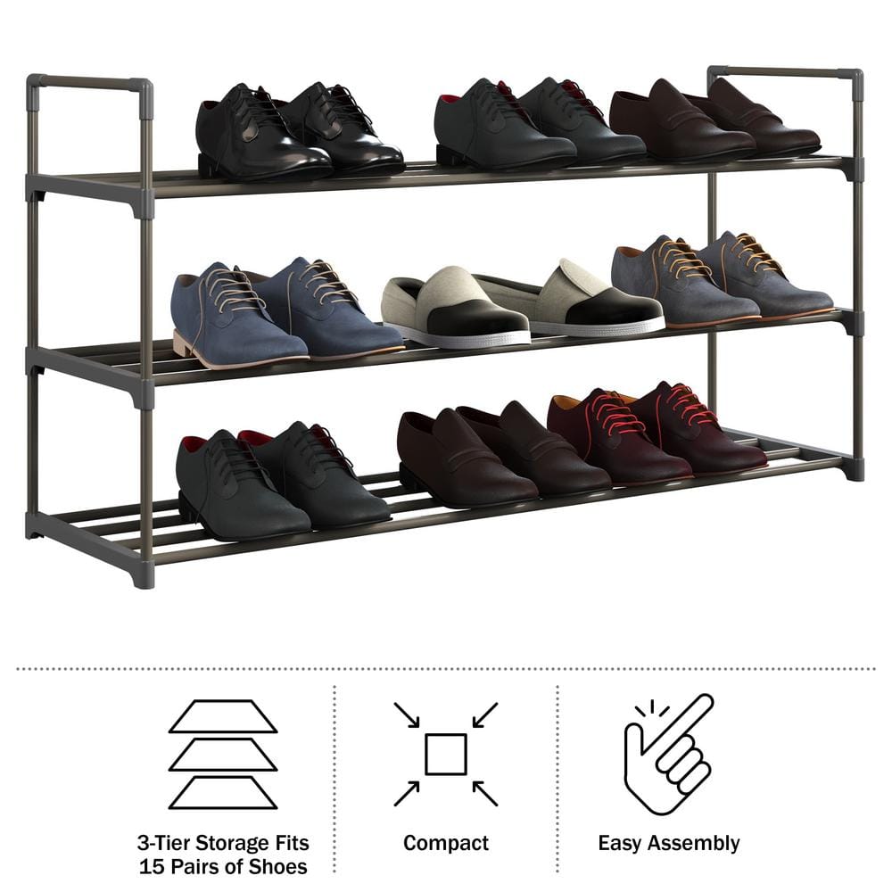 21.2 H 15-Pair 3-Tier Gray Plastic Shoe Rack