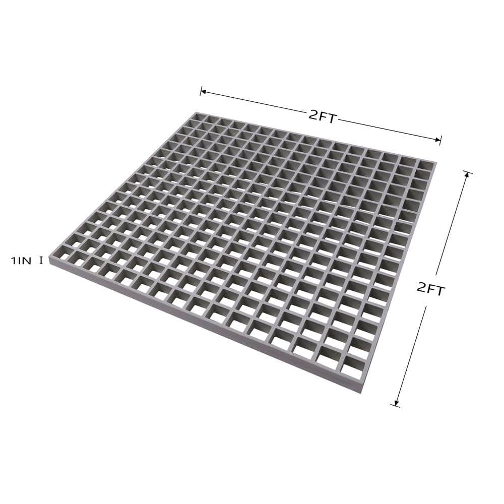 Wellco Fiberglass Molded Grating Composite for Floors Outdoor Drain Cover Deck Tile, 1.5x1.5x1in, 2x2ft, Gray, Gritted