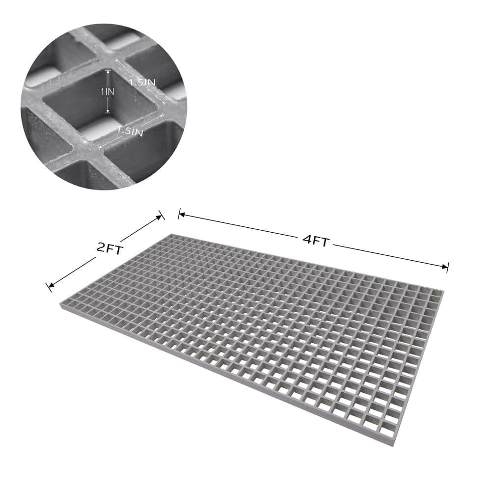 Wellco 2 ft. x 4 ft. x 1 in. Fiberglass Molded Grating, 1.5 in. x 1.5 in. x 1 in., Resin Paver,Gray