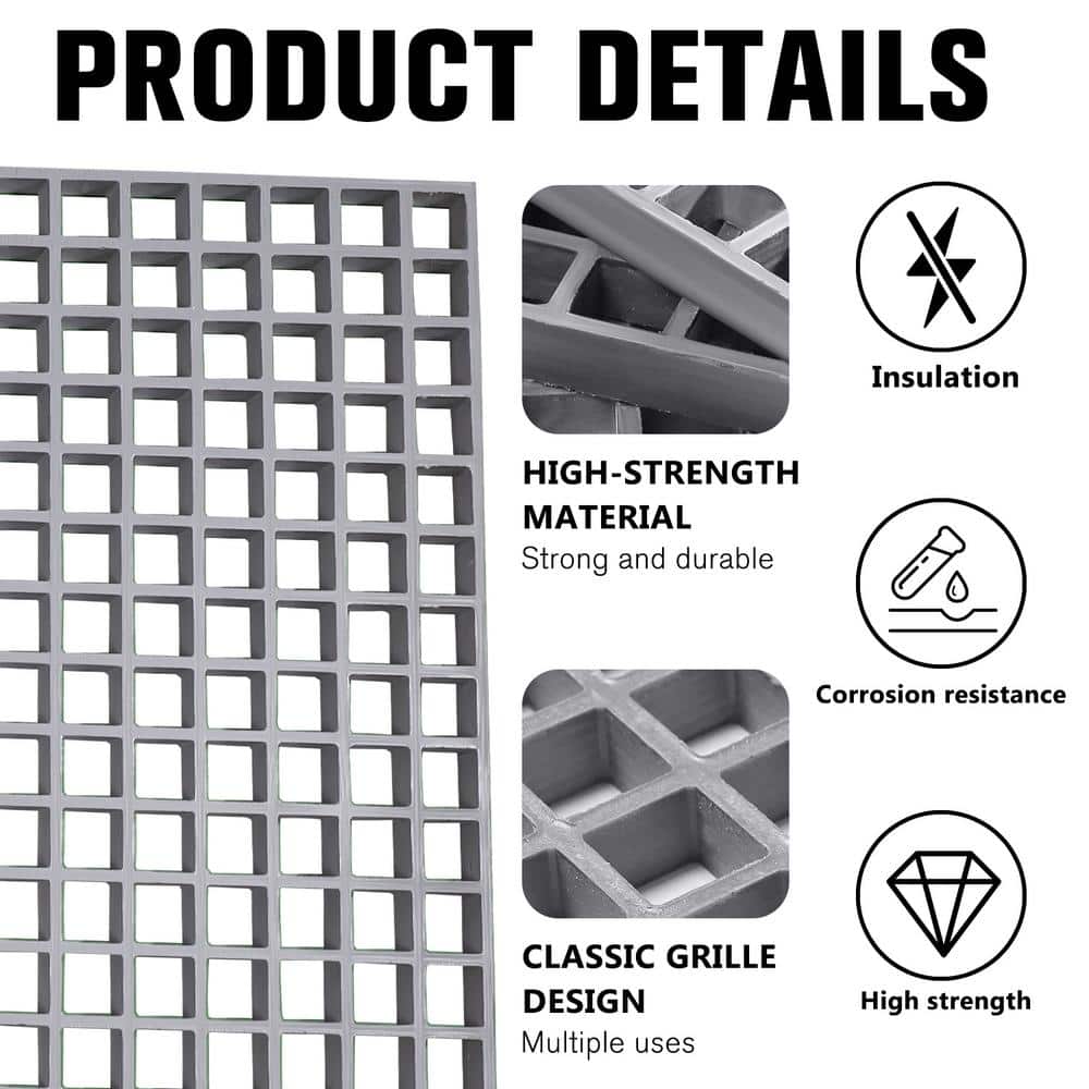 Wellco 2 ft. x4 ft. x1 in.Fiberglass Molded Grating Composite for Floors Outdoor Drain Cover,Paver,1.5 x1.5 x1in, Gray, Gritted