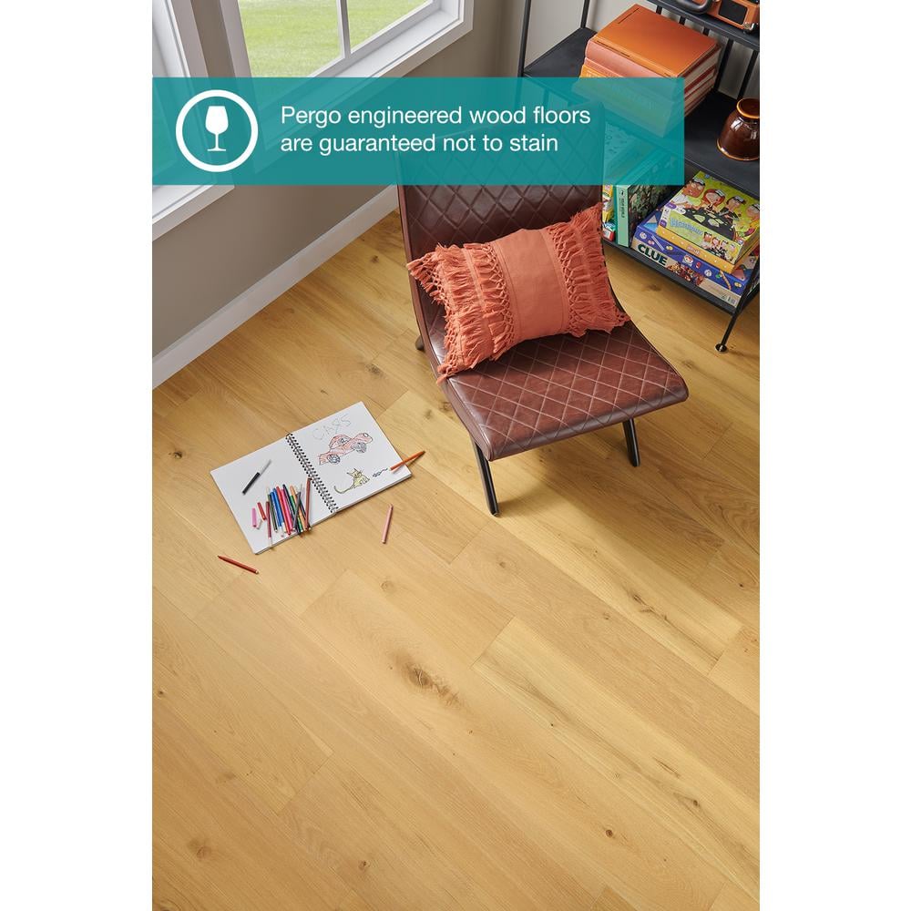 Pergo Defense+ Linen Oak 3/8 in. T x 7.5 in. W Click Lock W Brushed Distressed Engineered Hardwood Flooring (24.5 sq.ft./case)