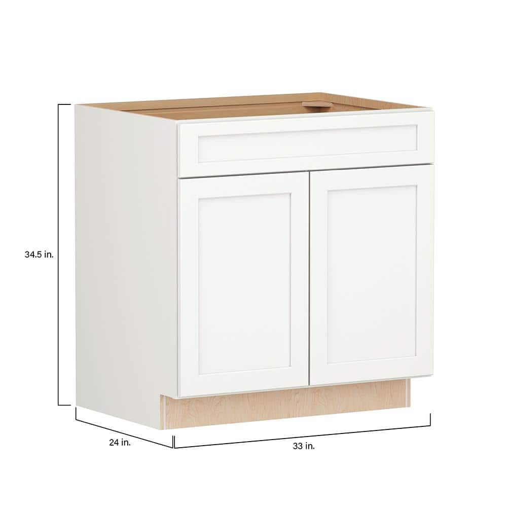 SIMPLY WOODMARK PRO Shaker Full Overlay 33 in. W x 24 in. D x 34.5 in. H Plywood Assembled Sink Base Kitchen Cabinet in Linen White