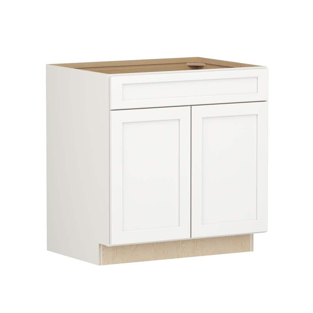 SIMPLY WOODMARK PRO Shaker Full Overlay 33 in. W x 24 in. D x 34.5 in. H Plywood Assembled Sink Base Kitchen Cabinet in Linen White