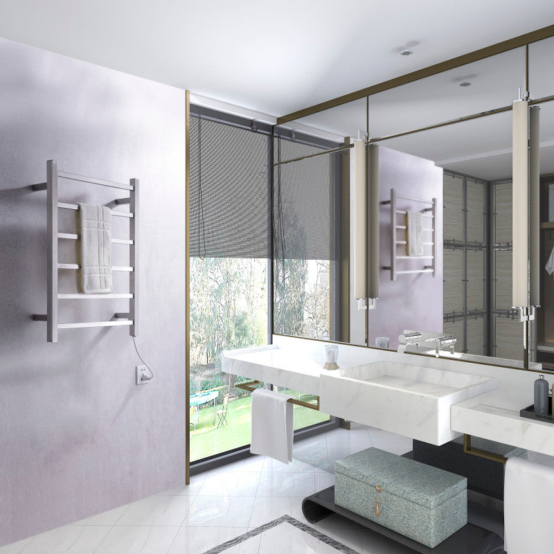 ANZZI Charles Series 6-Bar Stainless Steel Wall Mounted Electric Towel Warmer Rack, Brushed Nickel, 20.47" W x 26.77" H x 4.33" D