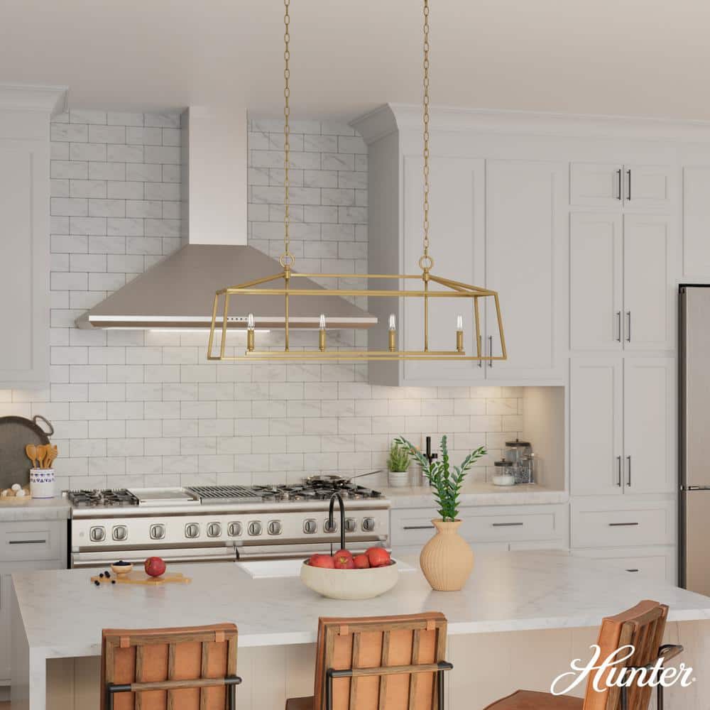 Hunter Fair Oaks 4-Light Luxe Gold Lantern Linear Chandelier for Kitchen Island with No Bulbs Included