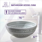 ANZZI Cadence Series 16.1 in. Round Bathroom Vessel Sink, Décor White, Tempered Deco-Glass