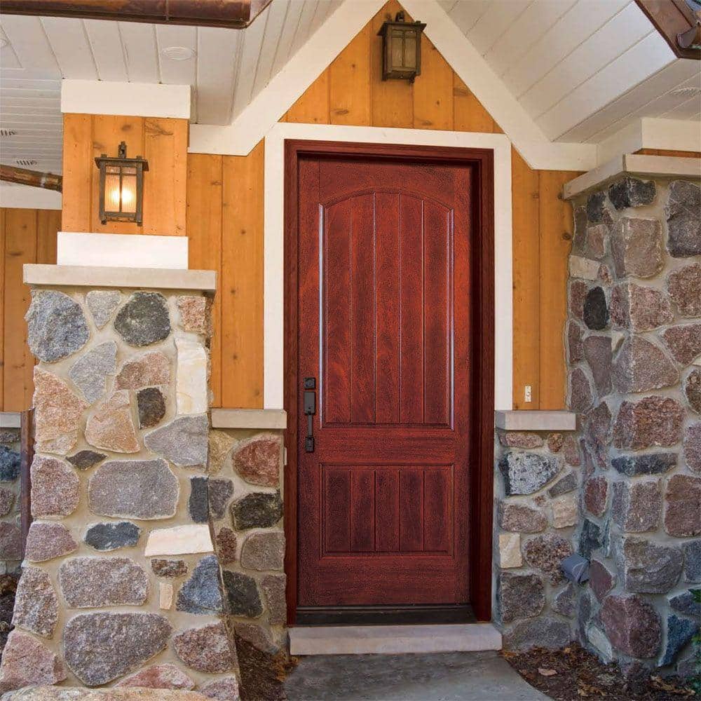 37.5 in. x 81.625 in. 2-Panel Plank Cherry Mahogany Stained Left-Hand Inswing Fiberglass Prehung Front Door