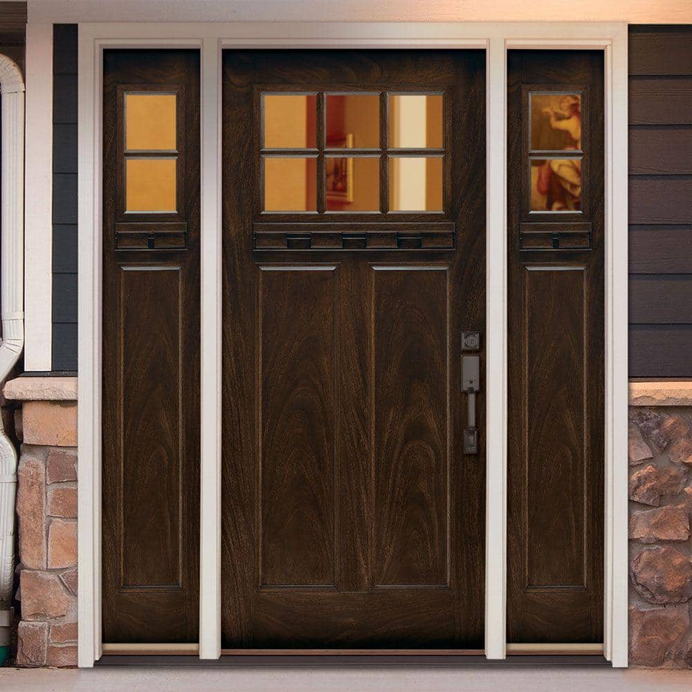67.5 in.x81.625 in. 6 Lt Clear Craftsman Stained Chestnut Mahogany Left-Hand Fiberglass Prehung Front Door w/Sidelites
