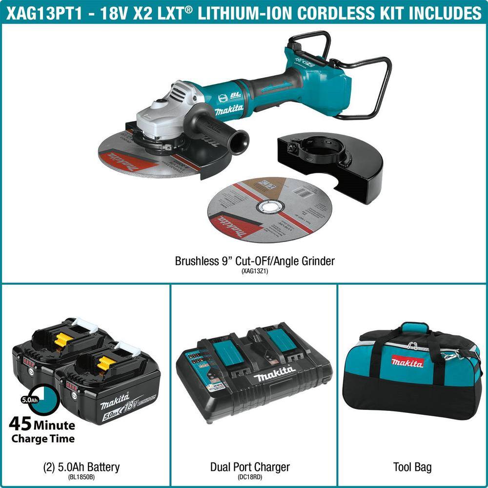 Makita 18V X2 LXT (36V) Brushless 9 in. Paddle Switch Cut-Off/Angle Grinder Kit, 5.0Ah with Bonus Grinding Wheel (10-Pack)