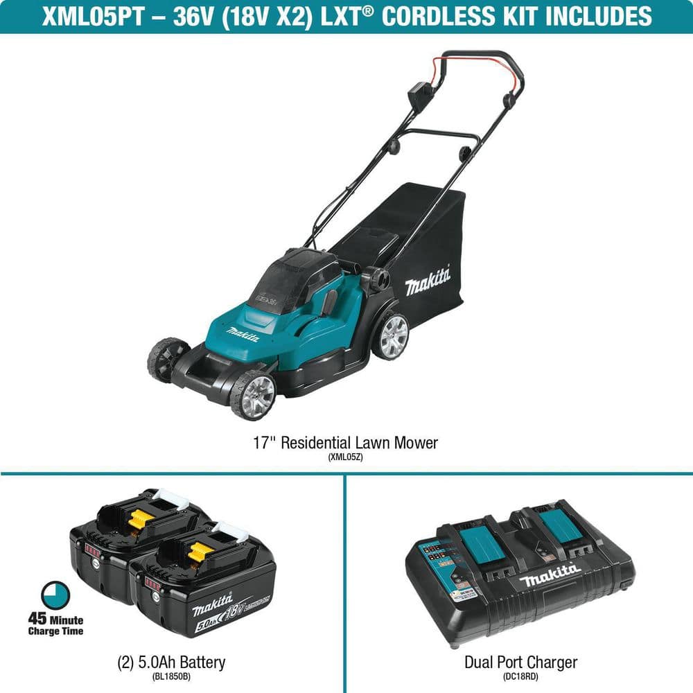 Makita 18V X2 (36V) LXT Lithium-Ion Cordless 17 in. Walk Behind Residential Lawn Mower Kit (5.0Ah)