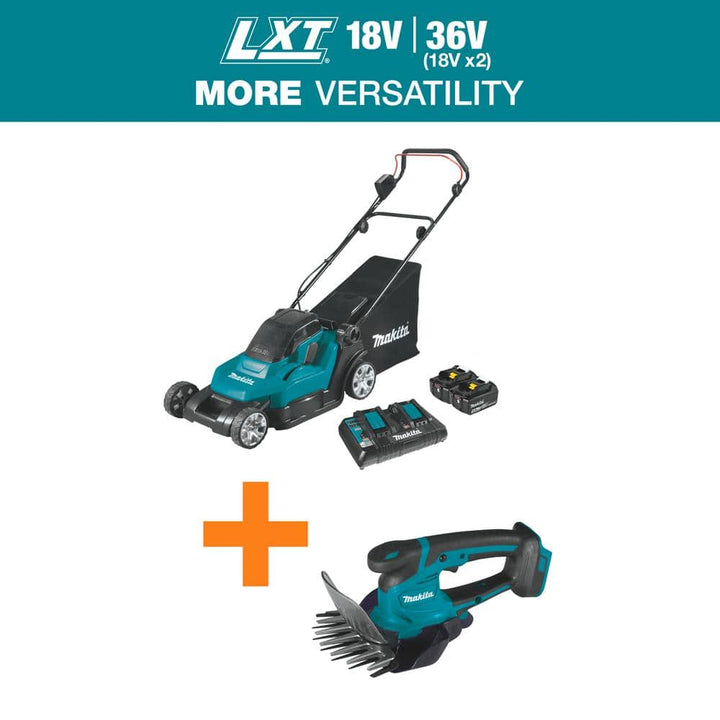 Makita 18V X2 (36V) LXT Cordless 17 in. Residential Lawn Mower Kit (5.0Ah) with 18V LXT Grass Shear, Tool Only