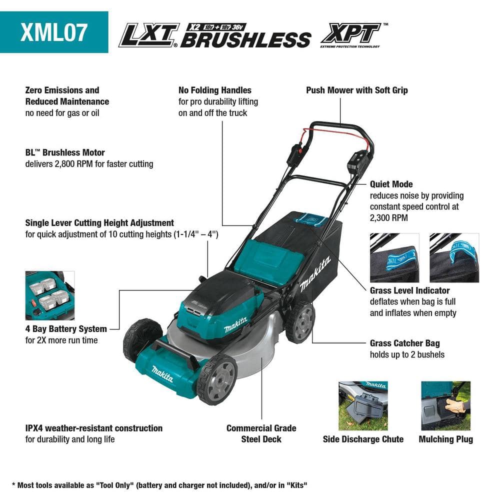 Makita 18V X2(36V) LXT Lithium-Ion Cordless 21 in. Walk Behind Lawn Mower Kit w/4 Batteries 5.0Ah with 18V Blower, Tool Only