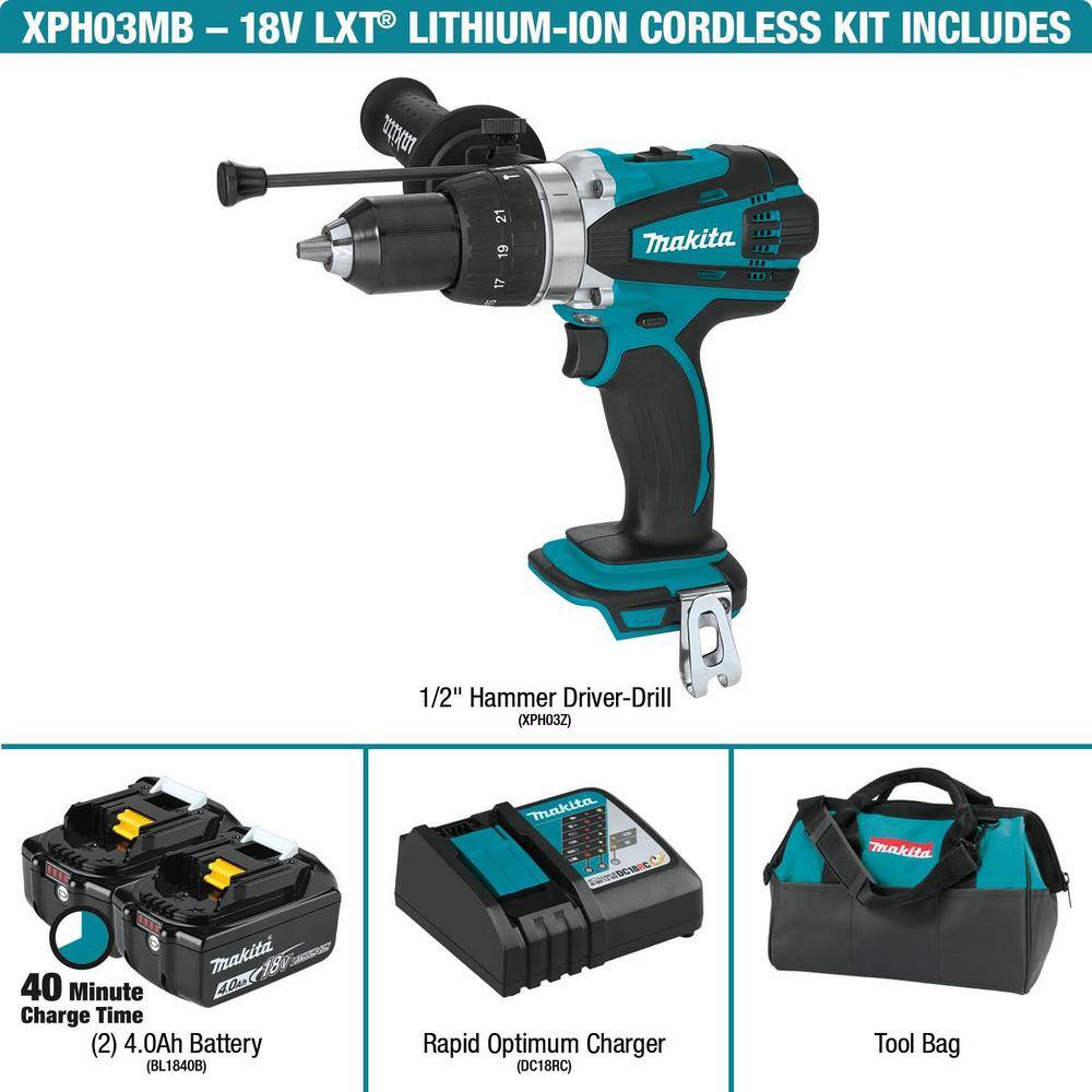 Makita 18V LXT Lithium‑Ion 1/2 in. Cordless Hammer Driver‑Drill Kit with (2) 4.0Ah Batteries, Charger and Case
