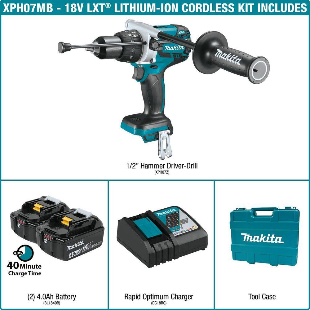 Makita 18-Volt LXT Brushless 1/2 in. Cordless Hammer Drill Kit with (2) 4.0Ah Batteries, Rapid Charger and Hard Case (XPH07MB)